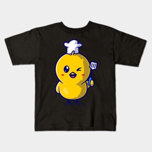 Cute Chick Chef Holding Spatula Cartoon Kids T-Shirt